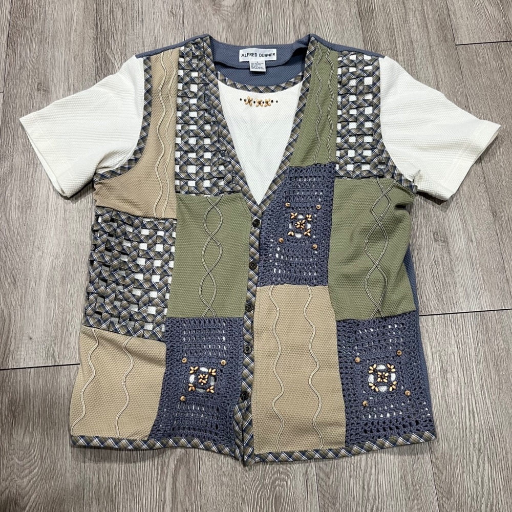 Alfred Dunner Patchwork Crochet Button Front Top … - image 1